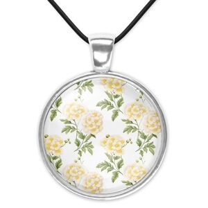 Floral Pendant Necklace with Yellow and Green Design 1 Inch Pendant